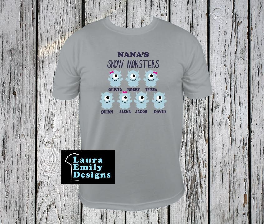 Custom Snow Monsters Shirt, Christmas Gift, Grandparent Gift, Custom Name Shirt, Grandchildren Names Shirt, Personalized Shirt with Names