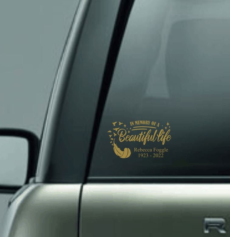 Personalized Car Memorial Car Decal, Custom Name Vinyl Decal, In Loving Memory Vinyl Decal, Feather Car Decal, Loving Memory Custom Name