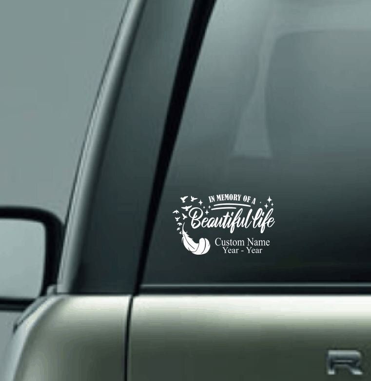 Personalized Car Memorial Car Decal, Custom Name Vinyl Decal, In Loving Memory Vinyl Decal, Feather Car Decal, Loving Memory Custom Name