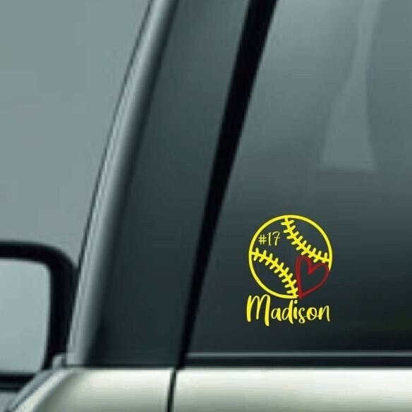 Softball Player Decal, Personalized Softball Vinyl Decal, Custom Name, Custom Number, Softball with Heart, I Love Softball Car Decal, CUSTOM