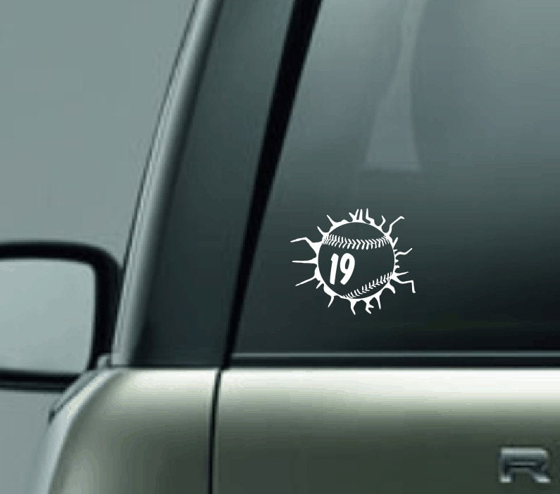 Custom Softball Decal with Number and Crack, Personalized Baseball Crack Vinyl Decal, Custom Softball Crack Vinyl Decal, Jersey Number Decal