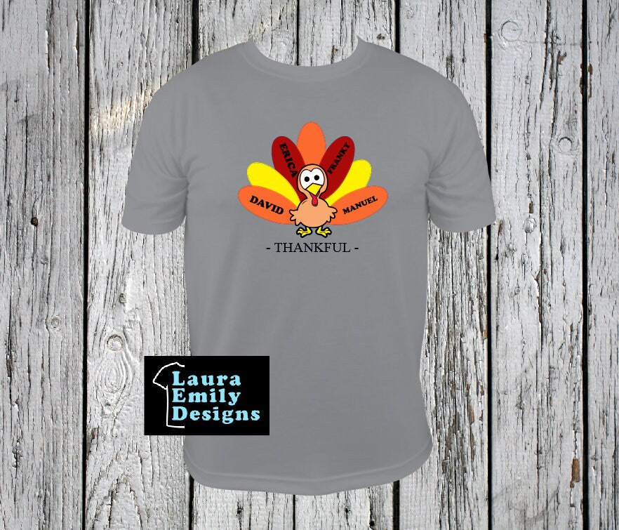 CUSTOM Thankful Turkey with Names T-shirt, Turkey Feathers Tee, Thanksgiving Personalized Turkey Shirt, Grandma Turkey Tee, Custom Names