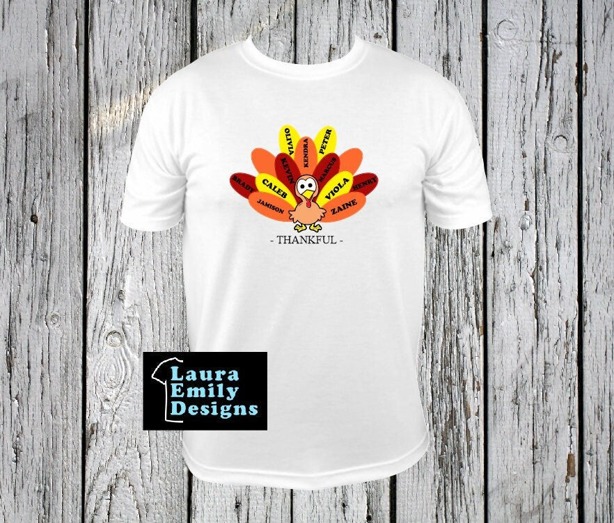 CUSTOM Thankful Turkey with Names T-shirt, Turkey Feathers Tee, Thanksgiving Personalized Turkey Shirt, Grandma Turkey Tee, Custom Names