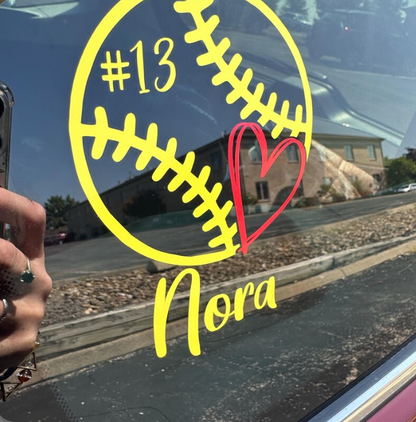 Softball Heart Custom Decal with Name & Number