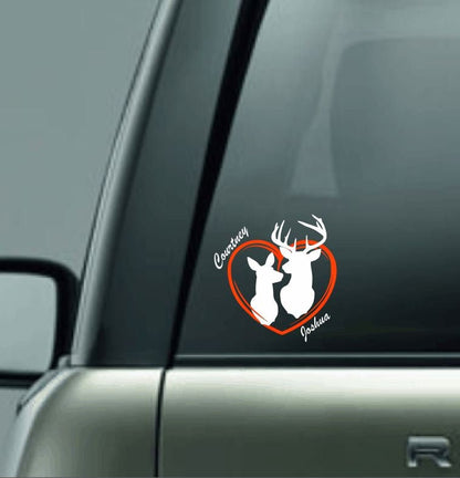 Personalized Deer in Heart Vinyl Decal with Names, Custom Name Car Decal, Deer Decal, Couple Vinyl Decal, Hunting Couple Vinyl Car Decal