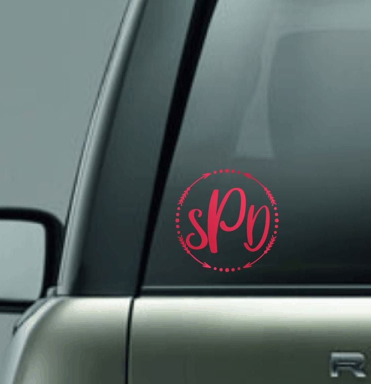 Arrow Monogram Vinyl Decal, Three Letter Monogram Decal, Circle Mono Vinyl Car Decal, Name Monogram Vinyl Car Decal, 1 Color Monogram Decal