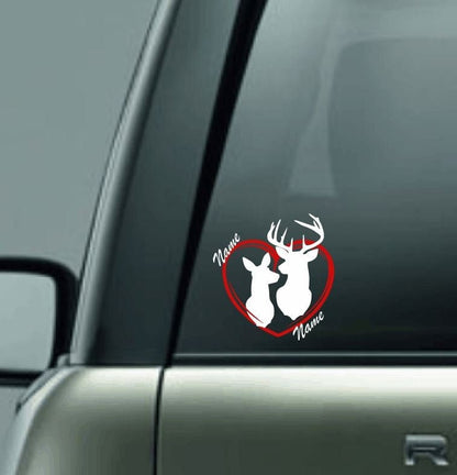 Personalized Deer in Heart Vinyl Decal with Names, Custom Name Car Decal, Deer Decal, Couple Vinyl Decal, Hunting Couple Vinyl Car Decal