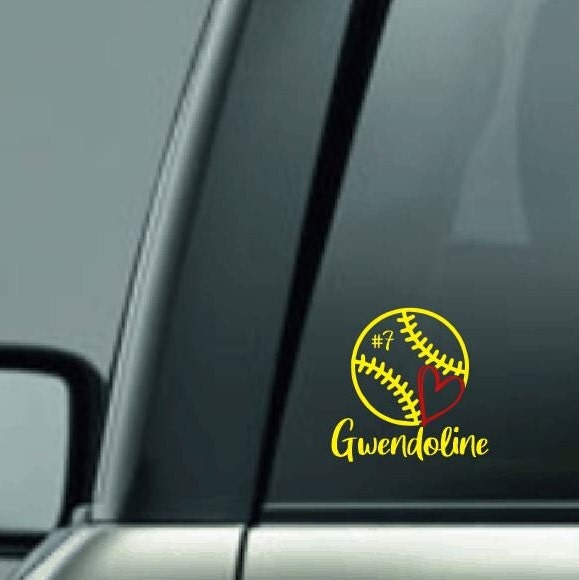 Softball Player Decal, Personalized Softball Vinyl Decal, Custom Name, Custom Number, Softball with Heart, I Love Softball Car Decal, CUSTOM