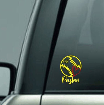 Softball Player Decal, Personalized Softball Vinyl Decal, Custom Name, Custom Number, Softball with Heart, I Love Softball Car Decal, CUSTOM