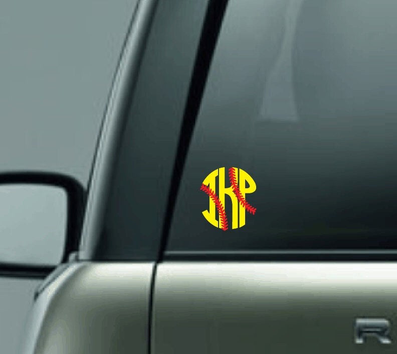 Softball Monogram Decal, Personalized Monogram Softball Vinyl Decal, Monogram with Laces Vinyl Car Decal