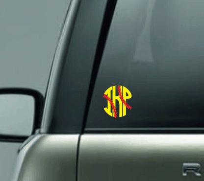 Softball Monogram Decal, Personalized Monogram Softball Vinyl Decal, Monogram with Laces Vinyl Car Decal