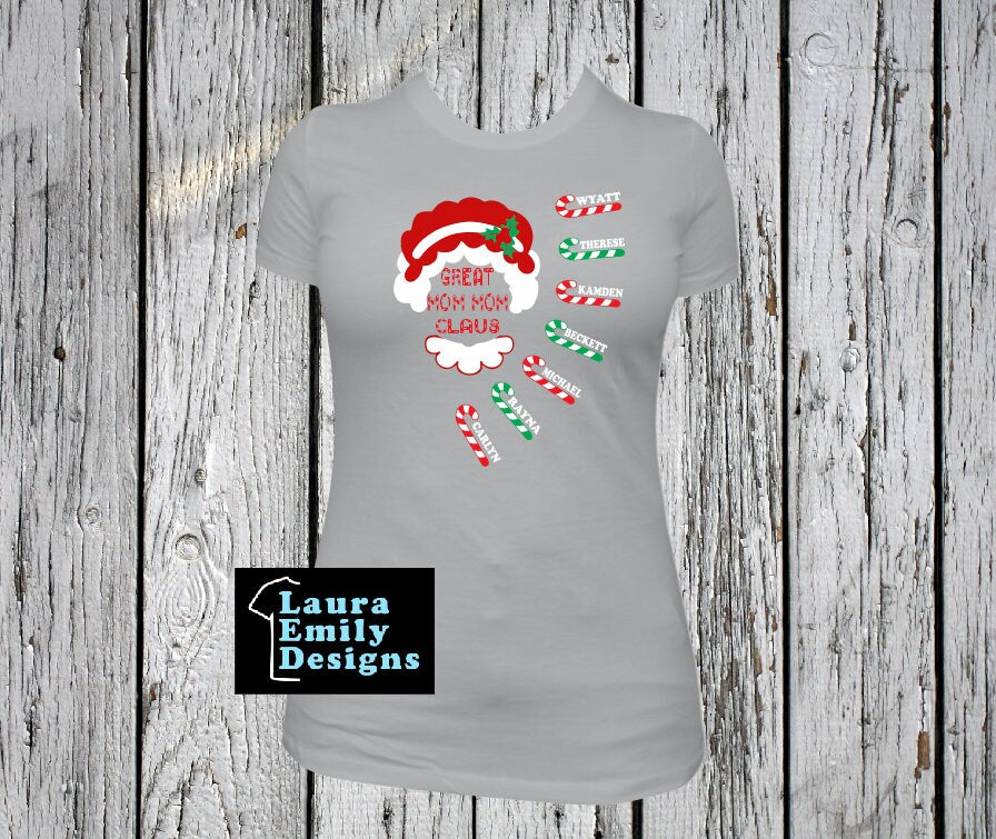 Grandma Claus T-shirt with Names, Personalized Grandma Christmas Shirt with Grandkids Names, Candy Cane Holiday Custom Shirt