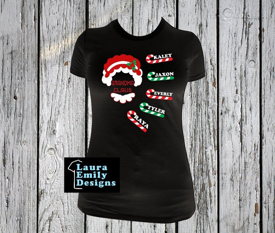 Grandma Claus T-shirt with Names, Personalized Grandma Christmas Shirt with Grandkids Names, Candy Cane Holiday Custom Shirt