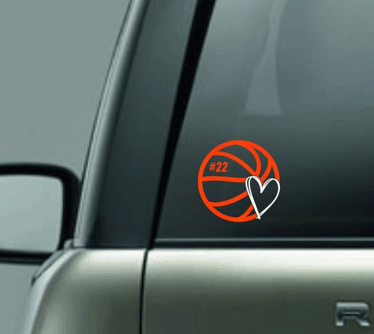 Personalized Basketball Heart Car Decal with Number, CUSTOM Basketball Decal, Girls Basketball Decal, Boys Basketball Vinyl Car Decal