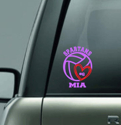 Personalized Volleyball Heart Car Decal with Player Name, Team Name & Number, CUSTOM Volleyball Decal, I Love Volleyball Vinyl Decal