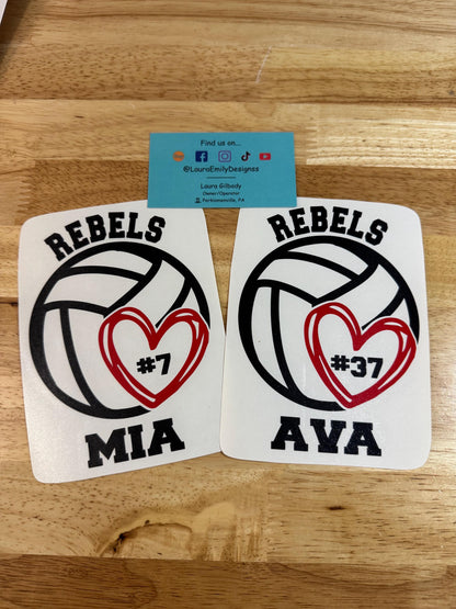 Volleyball Heart Car Decal with Custom Name, Mascot & Number